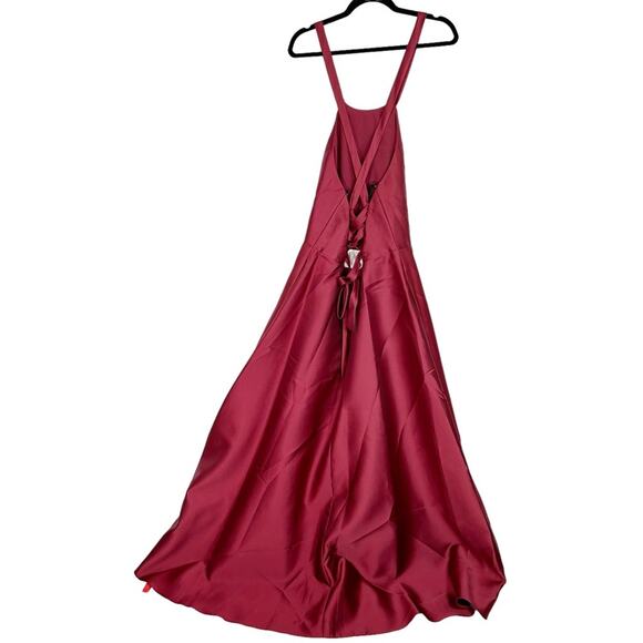 ALFRED SUNG Halter Lace-Up Back Satin Twill Gown In Burgundy - Picture 6 of 11